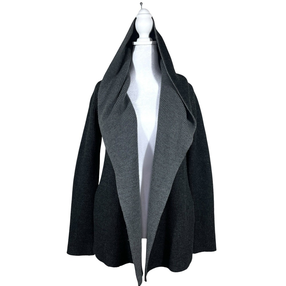 Eileen Fisher 100% Merino Wool Hooded Cardigan Size XS Gray Open Front Sweater